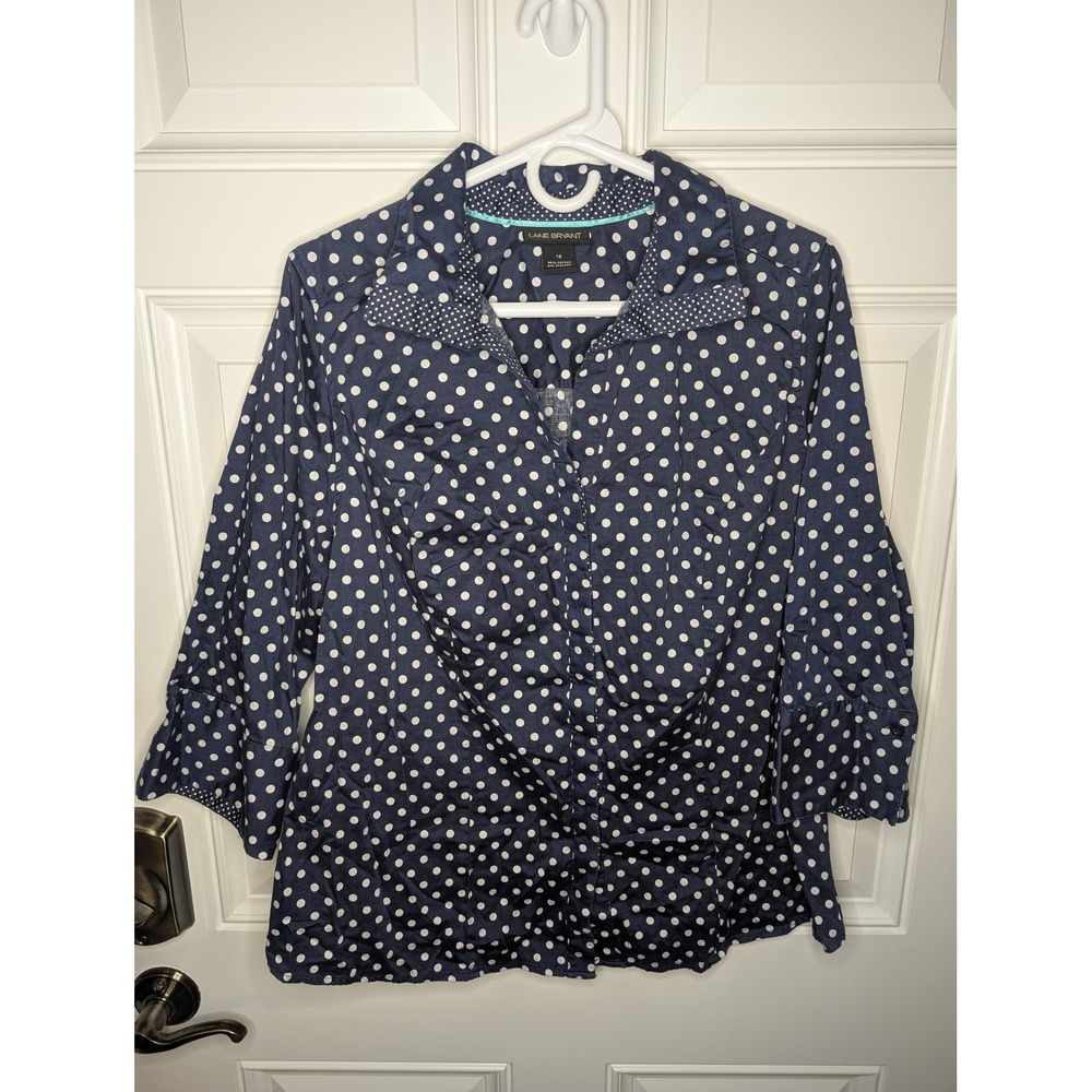 Lane Bryant Navy Blue Polka Dot Hidden Placket Button Up Blouse Plus Size 16